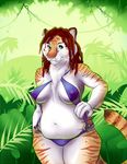  big_thighs bikini blue_eyes breasts cat chest_tuft chubby clothed clothing day dogslug dreadlocks feline female fur hair jungle mammal navel outside overweight red_hair skimpy solo standing stripes swimsuit tail thick_thighs tiger tight_clothing tuft whiskers 
