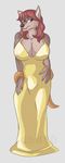 breasts bulge canine dbd dickgirl evening_gown fox hyper intersex mammal plain_background solo transgender white_background yellow_dress 