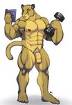  anthro balls biceps bodybuilder bodybuilding book cougar feline flaccid fur knuxlight male mammal muscles nipple_piercing nipples nude pecs penis piercing plain_background pose reading solo standing tattoo thick_penis toned uncut vein weightlifting weights white_background yellow_eyes 