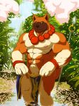  akita armband balls bathing biceps big_muscles brown_fur bushes canine cherry_blossom cherry_blossoms dog fur green_eyes grisser japanese loincloth looking_at_viewer male mammal muscles necklace nipples nude pecs penis polearm prayer_beads sheath solo spear tribal underwear undressing water waterfall weapon 