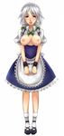  akai_mi_ga_bakuhatsu_shita bad_id bad_pixiv_id blush braid breasts cuffs handcuffs izayoi_sakuya maid maid_headdress medium_breasts nipples short_hair silver_hair solo touhou twin_braids 