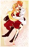  1boy 1girl alternate_hairstyle barefoot blonde_hair blue_eyes bow bowtie brief_(psg) commentary_request couple dress formal freckles hetero holding jewelry long_hair necklace niwakichi orange_hair panty_&_stocking_with_garterbelt panty_(psg) red_dress short_hair skirt tiara traditional_bowtie tuxedo 