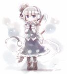  blue_eyes boots cross-laced_footwear dollar earmuffs ghost hairband katana konpaku_youmu konpaku_youmu_(ghost) lace-up_boots mittens pantyhose scabbard scarf sheath sheathed short_hair silver_hair snow solo sword touhou vest weapon 