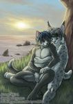  anthro cat duo feline from_behind gay hug hug_from_behind j_c jc lynx male mammal nude one_eye_closed outside sunrise water 