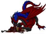  all_fours avian bioluminescence blood blue_claws blue_eyes claws dead dragon feral gryphon guro kill muscles pinned scalie tongue unknown_artist white_background wings 