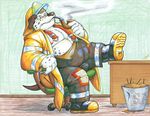  canine dalmatian dog fat firefighter hat male mammal nipples overweight pipe rubber rubber_boots shiny sitting smoke smoking solo zexyz 
