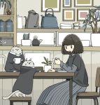  1girl black_eyes black_hair black_shirt blush cat chair collared_dress cup dress highres holding holding_cup indoors leaf long_sleeves multiple_cats no_nose original plant shirt short_hair short_over_long_sleeves short_sleeves smile striped striped_dress table tameikirakuda 