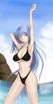  adjusting_hair armpits arms_up bikini blue_hair breasts cleavage female highres long_hair love0zxc midriff one_eye_closed outdoors red_eyes selvaria_bles senjou_no_valkyria senjou_no_valkyria_1 sky solo swimsuit wink yuuge_ningen 