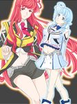  ahoge al-3_alice blue_eyes blue_hair detached_sleeves hl-0_haruno long_hair midriff multiple_girls necktie ralsaz red_eyes red_hair shorts skirt super_robot_wars super_robot_wars_l uniform 