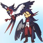  blue_hair boots coat gen_3_pokemon hand_in_pocket hitec knee_boots male_focus moemon personification pokemon pokemon_(creature) ponytail red_eyes swellow wings 