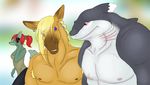  canine clothed dog ears equine female fins gills hair horse male mane marine nipples piercing purple_eyes rachel_(artist) red_eyes shark tail telephone topless 