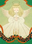  angel bad_id bad_pixiv_id bell blonde_hair candle christmas closed_eyes copyright_request dress flower halo hands_clasped l_hakase long_hair long_sleeves open_mouth orange_flower orange_rose own_hands_together rose solo star wings 