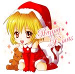  blonde_hair chibi christmas fang higurashi_no_naku_koro_ni houjou_satoko lowres miku_(s-jacker) orange_eyes santa_costume short_hair sitting solo stuffed_animal stuffed_toy teddy_bear 
