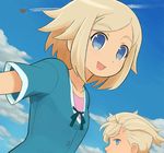  1girl asemu_asuno bad_id bad_pixiv_id blonde_hair blue_eyes blue_sky brother_and_sister cloud collarbone condensation_trail day gundam gundam_age mawaru_(mawaru) mecha open_mouth profile siblings sky unoa_asuno zedas-r 