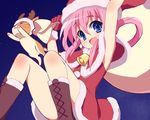  9law :d antlers arm_up bell blue_eyes cat cross-laced_footwear kamaboko_(milky_holmes) open_mouth pink_hair santa_costume sherlock_shellingford smile solo tantei_opera_milky_holmes 