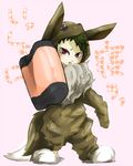  1boy animal_costume child cosplay crossover eevee evee green_hair inazuma_eleven inazuma_eleven_(series) male_focus nemuro_miyuki nero_(inazuma_eleven) pillow red_eyes solo ubokuma 