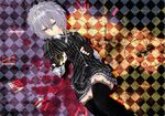  alternate_costume bad_id bad_pixiv_id black_legwear blood blue_eyes braid checkered checkered_background highres izayoi_sakuya knife koumajou_densetsu koumajou_densetsu_2 kumonji_aruto light_smile maid_headdress pocket_watch short_hair silver_hair solo thighhighs touhou twin_braids watch zettai_ryouiki 