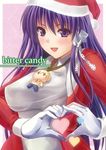  :d blush breasts christmas clannad doll fujibayashi_kyou gloves heart heart_hands highres large_breasts long_hair open_mouth purple_eyes purple_hair sakagami_umi santa_costume shirt smile solo sunohara_youhei taut_clothes taut_shirt white_gloves 