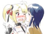  blonde_hair blue_eyes blue_hair blush face_licking idolmaster idolmaster_dearly_stars licking mizutani_eri multiple_girls open_mouth red_eyes short_hair supon surprised suzuki_ayane tongue twintails wince yuri 