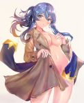  1girl bangs beige_background blue_eyes blue_hair blush bottomless breasts brown_coat coat covering covering_one_breast cowboy_shot earrings eriyama_(user_csua4255) eyebrows_visible_through_hair floating_hair gotland_(kantai_collection) hair_between_eyes hair_bun hand_on_own_chest hoop_earrings jewelry kantai_collection long_hair long_sleeves looking_at_viewer medium_breasts mole mole_under_eye navel open_clothes open_mouth sidelocks simple_background solo standing stomach trench_coat white_background wind 