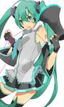  bad_id bad_pixiv_id detached_sleeves fingerless_gloves gloves green_eyes green_hair hatsune_miku koi_wa_sensou_(vocaloid) long_hair megaphone meno mouth_hold necktie simple_background skirt solo thighhighs twintails very_long_hair vocaloid 