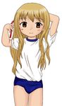  1girl blonde_hair bubble_company buruma gym_outfit gym_uniform loli long_hair looking_at_viewer red_eyes simple_background smile solo 