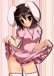  absurdres ass_visible_through_thighs bad_id bad_pixiv_id blush brown_hair carrot carrot_necklace dress dress_lift highres inaba_tewi jewelry necklace oyahada pendant red_eyes short_hair smile solo thighhighs touhou white_legwear 
