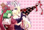  absurdres bad_id bad_pixiv_id blonde_hair bow dress eyes frills gap green_eyes green_hair hair_ribbon heart highres holding_hands interlocked_fingers kagiyama_hina long_hair multiple_girls purple_eyes ribbon stigma1101 touhou very_long_hair yakumo_yukari 