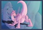  anus athus blowup_background blue_background blush border butt dinosaur female feral looking_back looking_over_shoulder mooning non-anthro pink pink_body plain_background presenting presenting_hindquarters pussy raised_tail ruby scalie solo tail the_land_before_time 