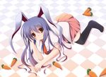  animal_ears bad_id bad_pixiv_id black_legwear blue_hair blush bunny_ears carrot checkered checkered_floor dress_shirt gradient_hair long_hair lying miniskirt multicolored_hair necktie pleated_skirt purple_hair red_eyes red_neckwear reisen_udongein_inaba ribi_(bluenami) shirt skirt smile solo thighhighs touhou zettai_ryouiki 