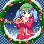  alternate_costume blush christmas contemporary gift hair_bobbles hair_ornament heart holding holding_gift kawashiro_nitori merry_christmas snow solo touhou two_side_up wreath yukari_yukke 