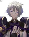  androgynous blue_eyes commentary_request fate/grand_order fate_(series) fucodoku gao_changgong_(fate) grey_hair male_focus purple_eyes silver_hair simple_background smile solo white_background 