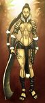  armor bare_breasts clothed female hair human leather loincloth long_hair long_legs mammal muscles not_furry solo sunamori sword topless unconvincing_armor underwear warrior weapon 