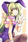  animal_ears bad_id bad_pixiv_id bunny_ears bunnysuit green_hair long_hair new_year orange_eyes original pantyhose shino_(sosuketo) solo v 