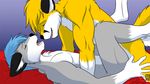  blue_hair canine eyes_closed felipe fox gay grey hair male missionary_position orange sapphwolf tail takumfox yellow 