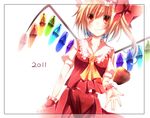  2011 :q apple ascot bad_id bad_pixiv_id blonde_hair blush flandre_scarlet food fruit hat kishi_naon red_eyes short_hair simple_background solo tongue tongue_out touhou wings wrist_cuffs 