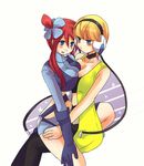  2girls blonde_hair blue_eyes blush breast_press breasts cleavage fuuro_(pokemon) gloves gym_leader headphones kamitsure_(pokemon) large_breasts lowres multiple_girls open_mouth pokemon pokemon_(game) pokemon_black_and_white pokemon_bw red_hair short_hair side_ponytail simple_background sitting star symmetrical_docking yuri 