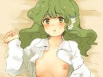  bad_id bad_pixiv_id breasts dress_shirt green_eyes green_hair kochiya_sanae long_hair lying medium_breasts meeko nipples no_bra on_back open_clothes open_mouth open_shirt shirt sketch solo touhou upper_body 