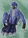  avian bird blue blue_eyes blue_feathers bulge clothed clothing half-dressed male rinienne solo spread_legs spreading topless 