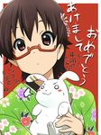  :3 akeome brown_eyes brown_hair bunny glasses hair_ornament happy_new_year japanese_clothes k-on! kanzashi katochin kimono manabe_nodoka md5_mismatch new_year red-framed_eyewear semi-rimless_eyewear short_hair solo translated under-rim_eyewear 