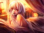  :d artemisia_(pixiv_fantasia) bed breasts edobox elf hands_together large_breasts lying naked_sheet nude on_stomach open_mouth orange_eyes own_hands_together pixiv_fantasia pixiv_fantasia_2 pointy_ears red_eyes short_hair silver_hair smile solo under_covers 