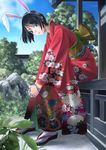  akeome animal_ears bad_id bad_pixiv_id black_hair blue_eyes bunny_ears character_request floral_print furisode genjiguruma happy_new_year japanese_clothes kimono new_year original short_hair solo veranda yamagami_mozuku 