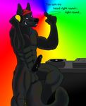  anthro anus balls bandanna biceps big_muscles big_penis black_nose black_penis canine dj erection fur green_eyes headphones hi_res linkin_monroe looking_at_viewer lupine_assassin male mammal muscles music nude overcompensating pecs penis plain_background rainbow rainbow_background record_disc solo wolf 