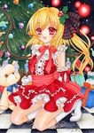  2010 :d alternate_costume blonde_hair boots checkered checkered_floor christmas christmas_tree cross-laced_footwear dated fang flandre_scarlet frills gift hair_ornament hair_ribbon highres holly holly_hair_ornament lace-up_boots looking_at_viewer marker_(medium) mocomoco_party no_hat no_headwear open_mouth panties pantyshot plaid plaid_ribbon ponytail red_eyes ribbon short_hair side_ponytail signature smile solo sparkle striped striped_panties stuffed_animal stuffed_toy teddy_bear touhou traditional_media underwear white_footwear wings 
