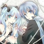  1girl aqua_eyes aqua_nails blue_eyes blue_hair blue_nails blue_scarf bow fork hair_bow hatsune_miku kaito lace long_hair looking_at_viewer mouth_hold nail_polish pearl scarf squatting tenkei twintails vocaloid 