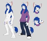  blue_hair canine cat feline flaccid fox foxcat hair hybrid jailbird long_hair male mammal model_sheet nude penis plain_background smile solo stripes vaerinn white_background 