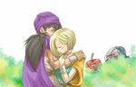  1girl bianca blonde_hair blush bracelet cape chinyan closed_eyes couple dragon_quest dragon_quest_v earrings evil_apple hair_over_shoulder hero_(dq5) hetero hug jewelry monster slime_knight turban 