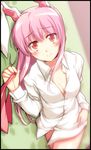 animal_ears border bottomless bunny_ears dress_shirt dutch_angle long_hair looking_at_viewer lying naked_shirt no_bra nu_(plastic_eraser) on_side pink_eyes pink_hair red_eyes reisen_udongein_inaba shirt sideways solo touhou 