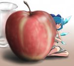  ao_usagi apple bloomers blue_eyes blue_hair cirno food fruit glass hair_ribbon hiding minigirl realistic reflection ribbon sitting smile solo touhou underwear underwear_only wings 