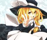  blonde_hair bow hair_bow hands hat kirisame_marisa large_bow long_hair masshigura open_mouth smile solo touhou v witch_hat yellow_eyes 